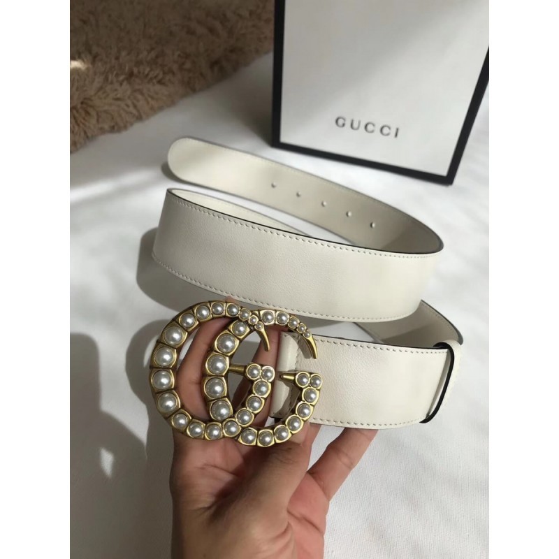 Gucci 40mm Leather Belt With Pearl Double G 453260
