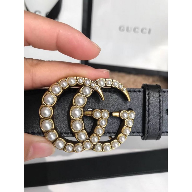 Gucci 30mm Leather Belt With Pearl Double G 453260