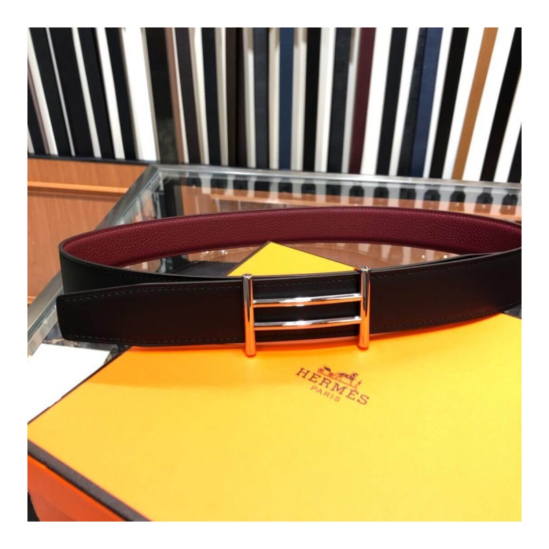 Hermes Rider Belt Buckle &amp; Reversible Leather Strap 32mm H075372 Burgundy/Black