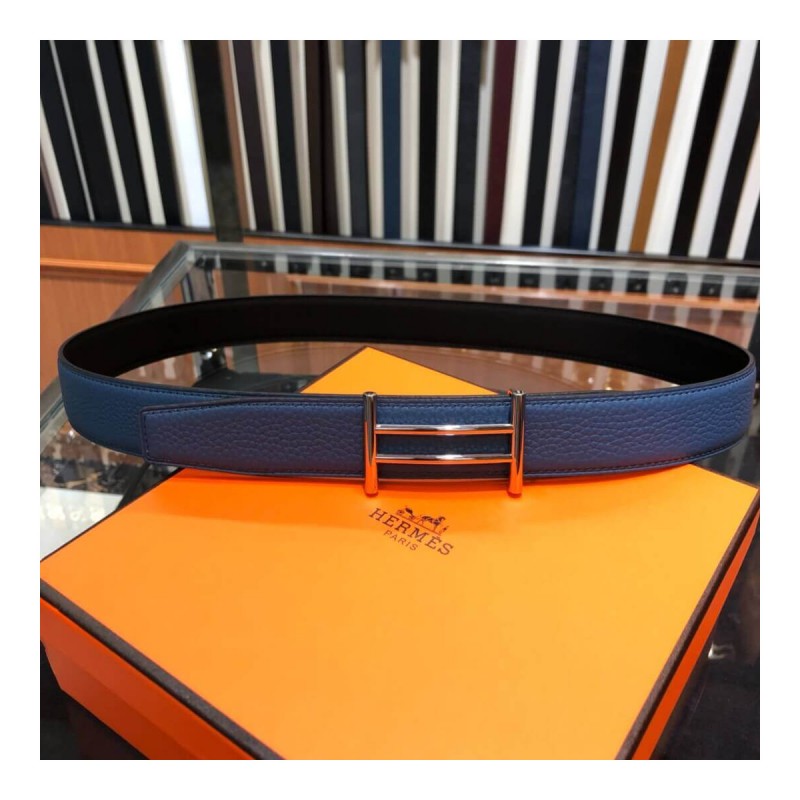 Hermes Rider Belt Buckle &amp; Reversible Leather Strap 32mm H075372 Blue/Black