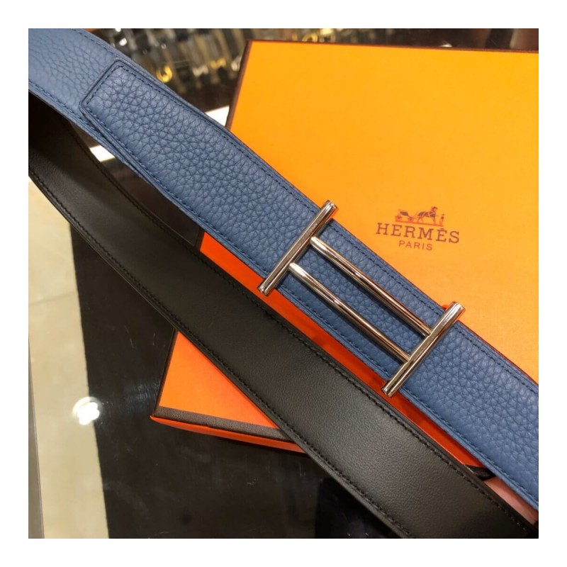 Hermes Rider Belt Buckle &amp; Reversible Leather Strap 32mm H075372 Blue/Black