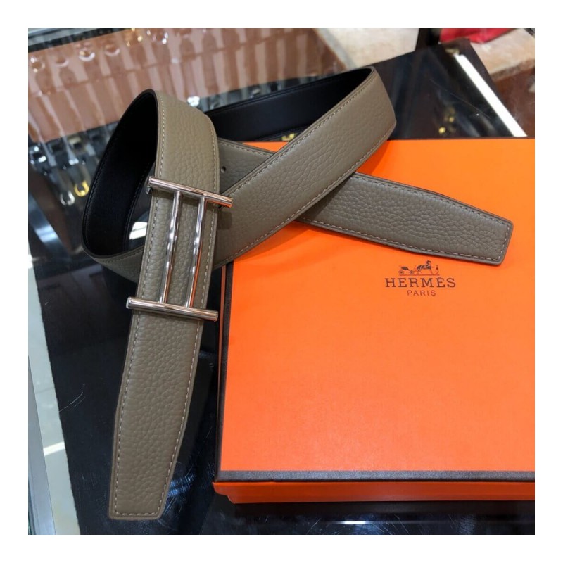 Hermes Rider Belt Buckle &amp; Reversible Leather Strap 32mm H075372 Grey/Black