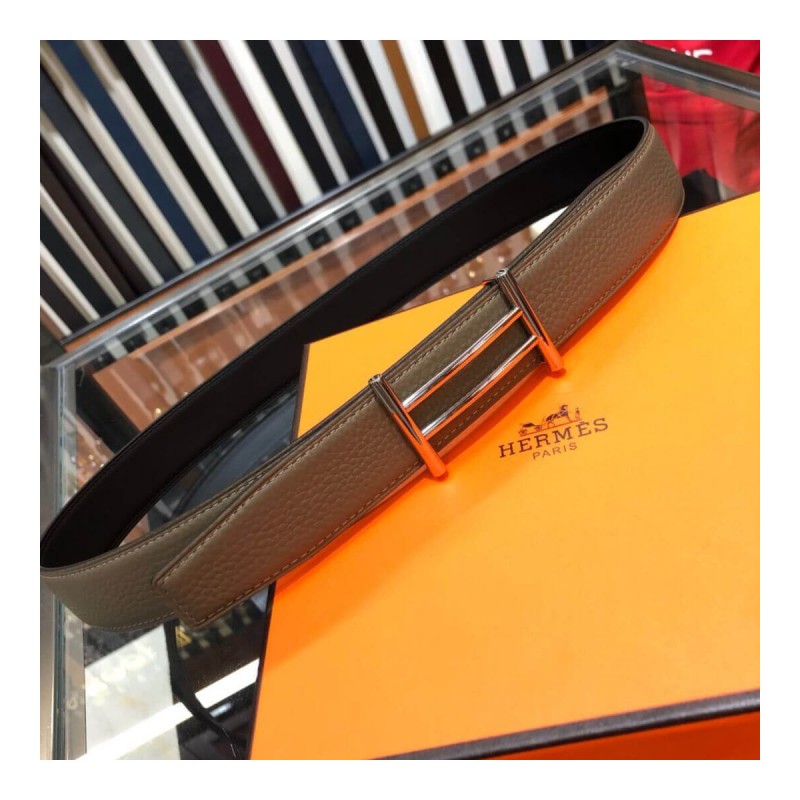 Hermes Rider Belt Buckle &amp; Reversible Leather Strap 32mm H075372 Grey/Black