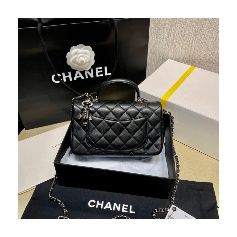 Chanel Lambskin Mini Flap Bag With Top Handle Black AS2431 with Charms