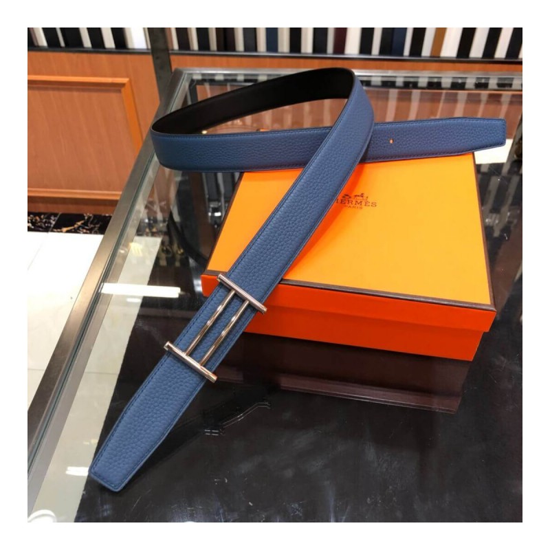 Hermes Rider Belt Buckle &amp; Reversible Leather Strap 32mm H075372 Blue/Black