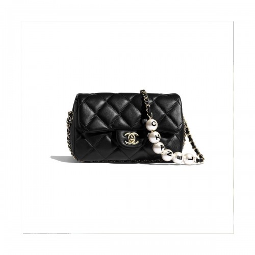 Chanel Small Pearl Logo Strap Flap Bag AS1436 Black