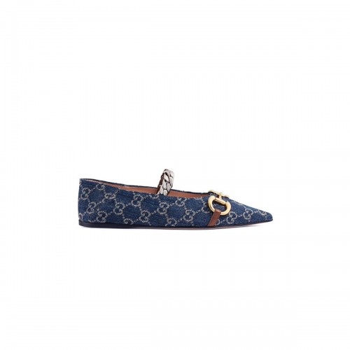 Gucci GG Horsebit Denim Ballet Flat With Horsebit