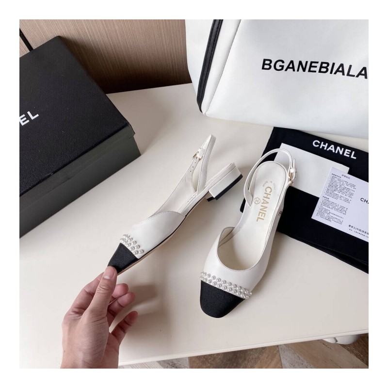 Chanel Pearl Embellished CC Cap Toe Flat Slingbacks 36125