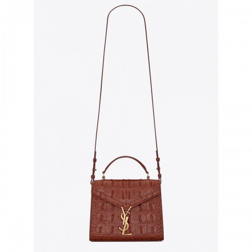 YSL Saint Laurent Cassandra Mini Top Handle Bag In Caiman Embossed Leather 602716 Brown