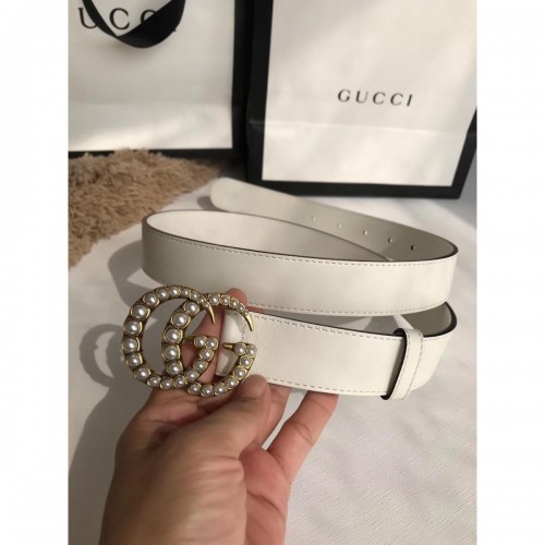 Gucci 30mm Leather Belt With Pearl Double G 453260