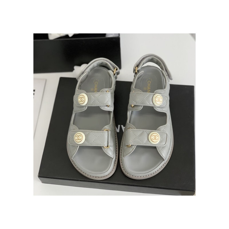 Chanel CC Button Velcro Sandals Grained Calfskin Leather 261157