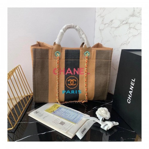 Chanel Straw Raffia Calfskin Striped Large Deauville Tote A93786