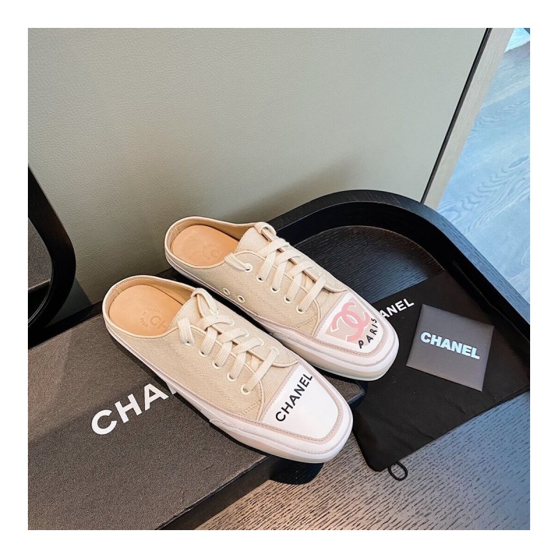 Chanel Canvas Lace Up Cap Toe Slipper 382301