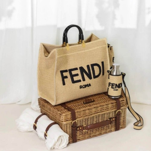 Fendi Sunshine Medium Shopper Woven Raffia Tote 8BH386 Beige