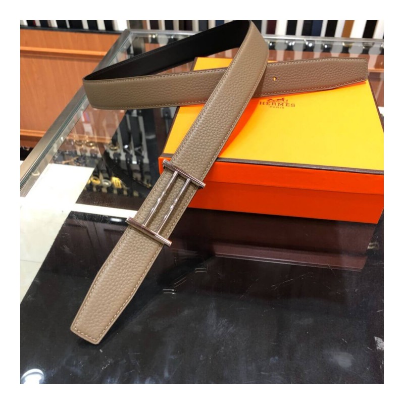 Hermes Rider Belt Buckle &amp; Reversible Leather Strap 32mm H075372 Grey/Black