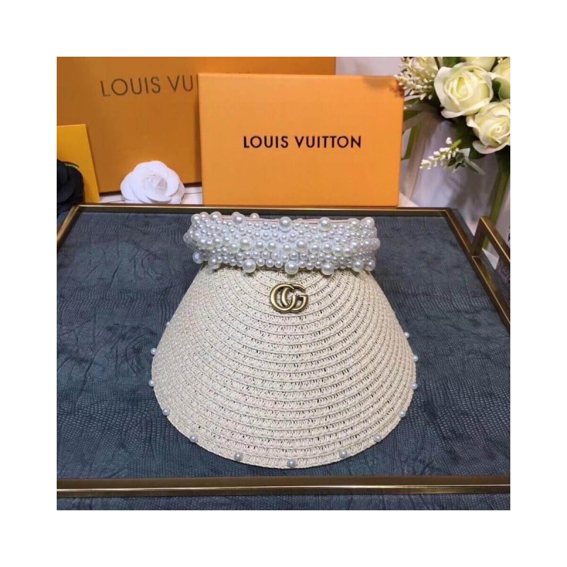 Gucci Straw Effect Brim Visor With Pearl 628545