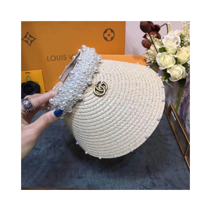 Gucci Straw Effect Brim Visor With Pearl 628545
