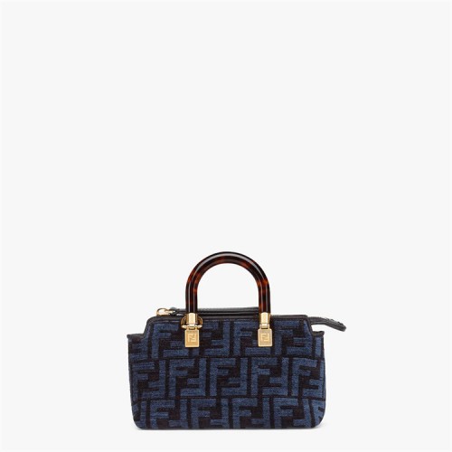 Fendi By The Way Mini Small Boston bag in blue tapestry fabric