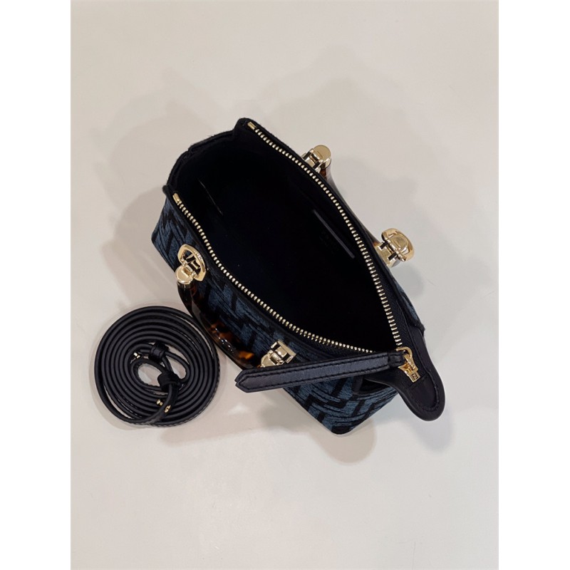 Fendi By The Way Mini Small Boston bag in blue tapestry fabric