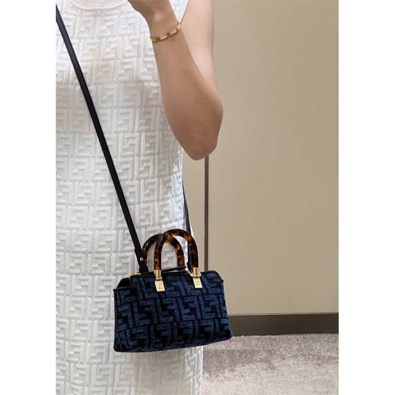 Fendi By The Way Mini Small Boston bag in blue tapestry fabric