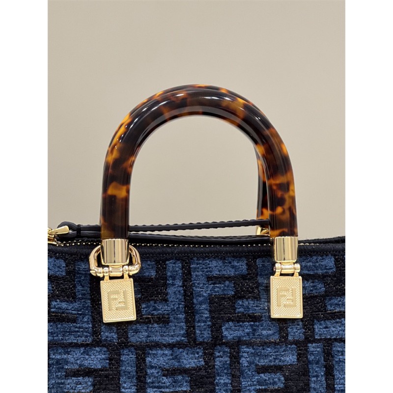 Fendi By The Way Mini Small Boston bag in blue tapestry fabric