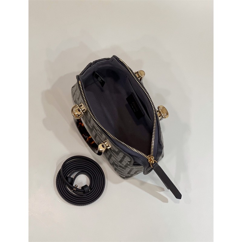 Fendi By The Way Mini Small Boston bag in dark gray tapestry fabric