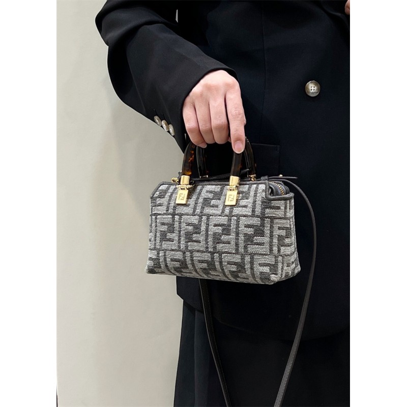 Fendi By The Way Mini Small Boston bag in dark gray tapestry fabric