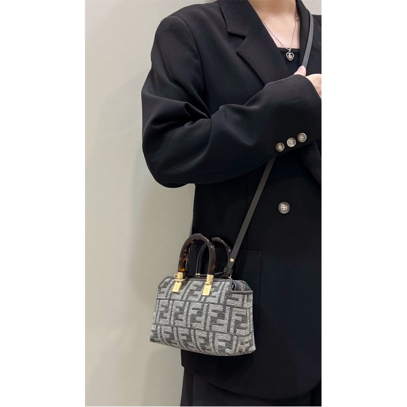 Fendi By The Way Mini Small Boston bag in dark gray tapestry fabric