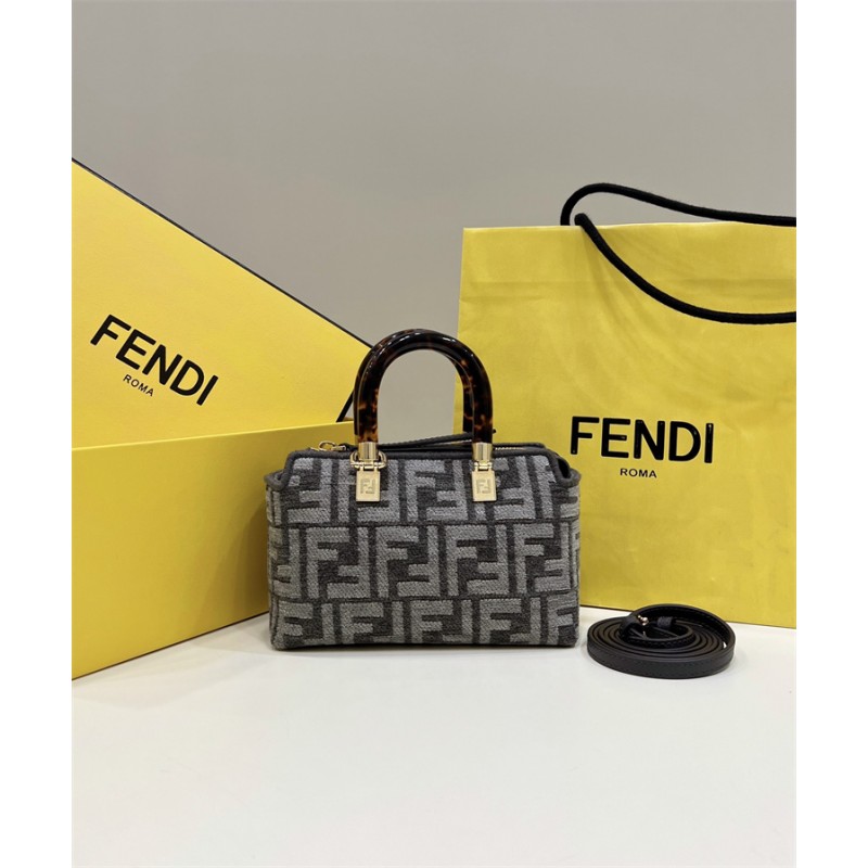 Fendi By The Way Mini Small Boston bag in dark gray tapestry fabric