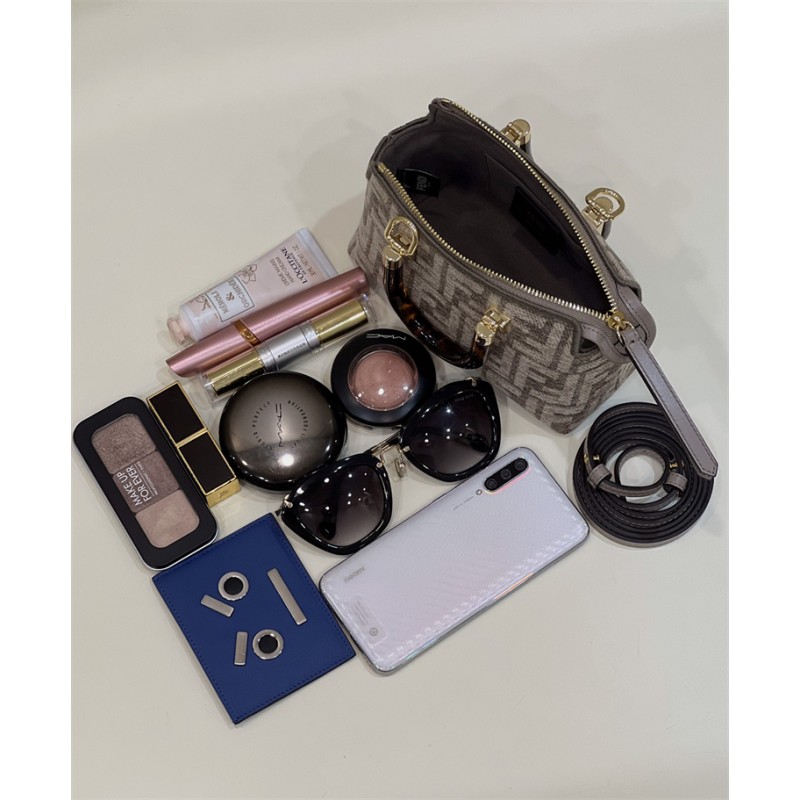 Fendi By The Way Mini Small Boston bag in dove gray tapestry fabric