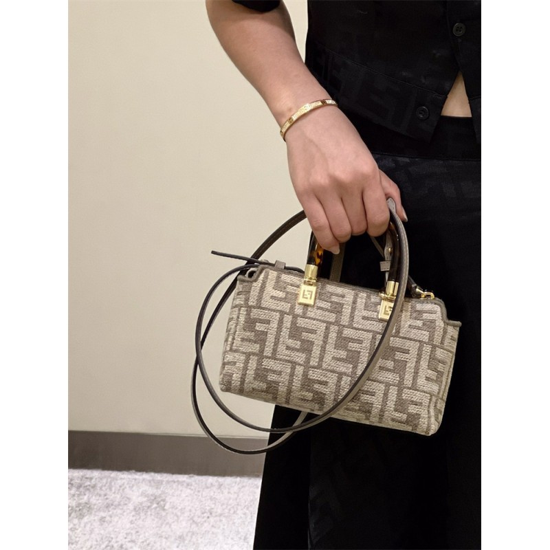 Fendi By The Way Mini Small Boston bag in dove gray tapestry fabric