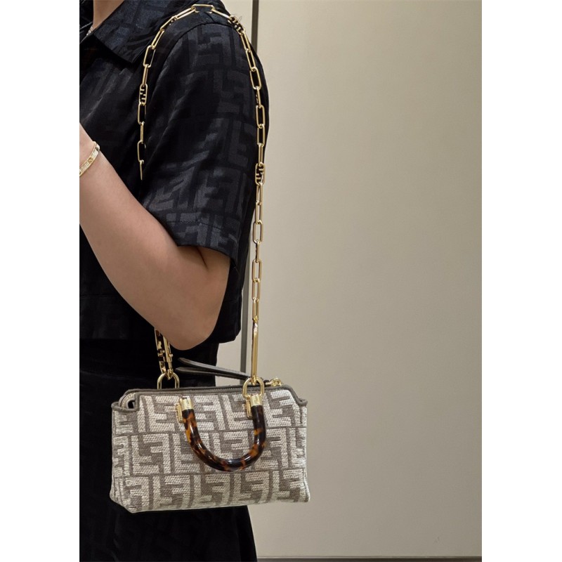 Fendi By The Way Mini Small Boston bag in dove gray tapestry fabric