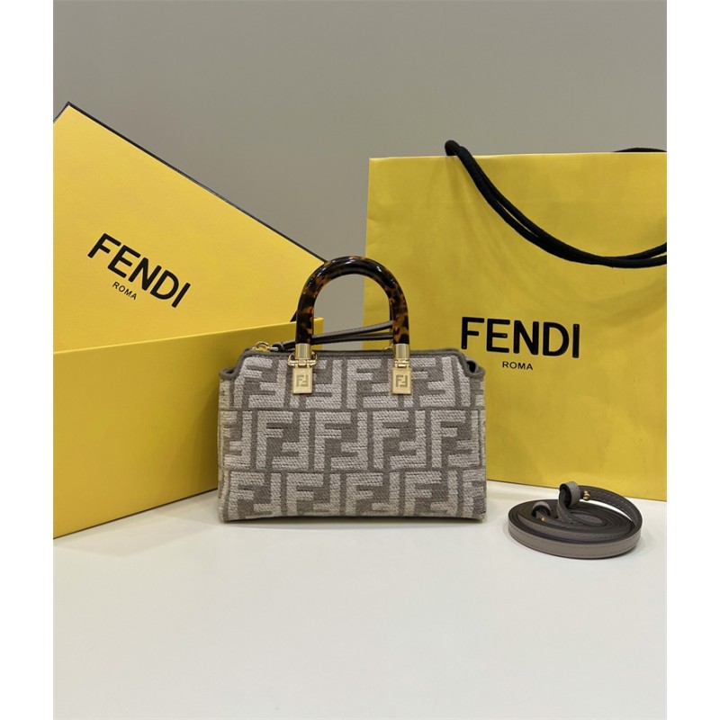 Fendi By The Way Mini Small Boston bag in dove gray tapestry fabric