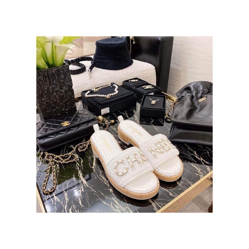 Chanel Tweed Gold Chain CC Logo Letter Cork Mules G34826