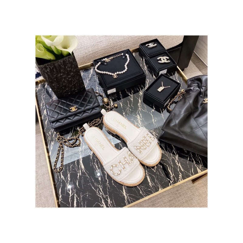 Chanel Tweed Gold Chain CC Logo Letter Cork Mules G34826