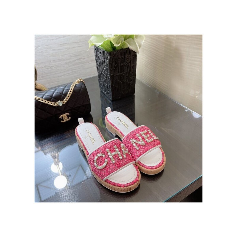 Chanel Tweed Gold Chain CC Logo Letter Cork Mules G34826