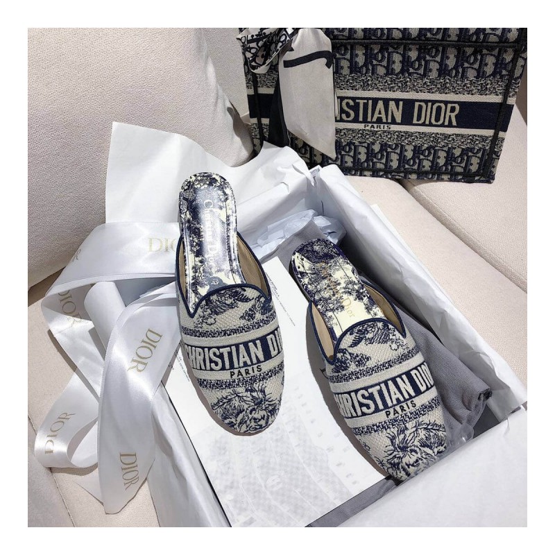 Christian Dior Off Toile De Jouy Canvas Embroidered Cotton Mule KCB608