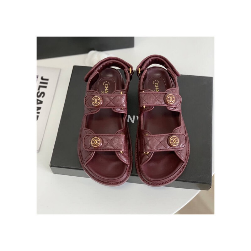 Chanel CC Button Velcro Sandals Grained Calfskin Leather 261157