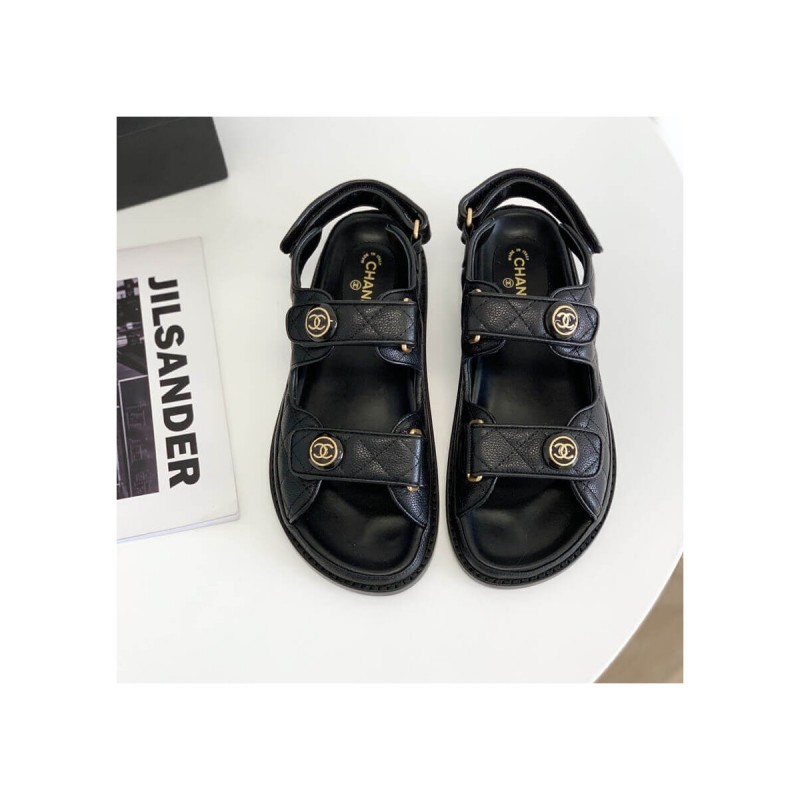 Chanel CC Button Velcro Sandals Grained Calfskin Leather 261157