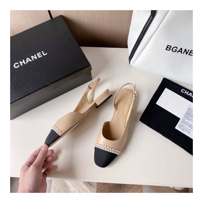 Chanel Pearl Embellished CC Cap Toe Flat Slingbacks 36125