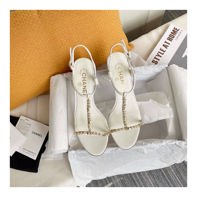 Chanel Open Toe Plain Leather Logo Heeled Sandals G36122