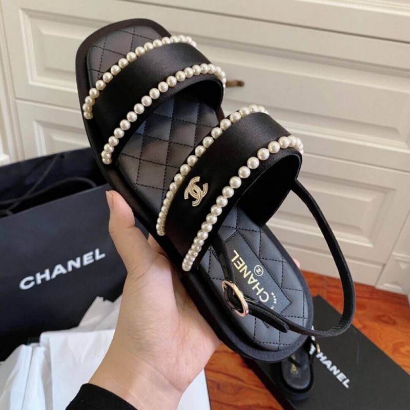 Chanel Satin &amp; Imitation Pearls Sandals G38423 Black
