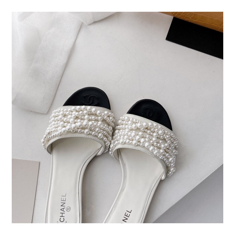 Chanel Satin CC Pearl Sandal Flats 36123