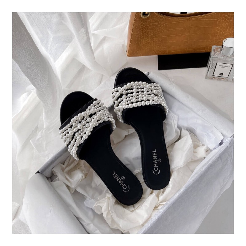 Chanel Satin CC Pearl Sandal Flats 36123