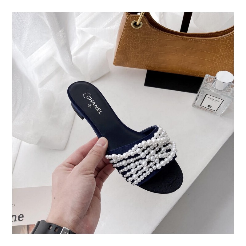 Chanel Satin CC Pearl Sandal Flats 36123