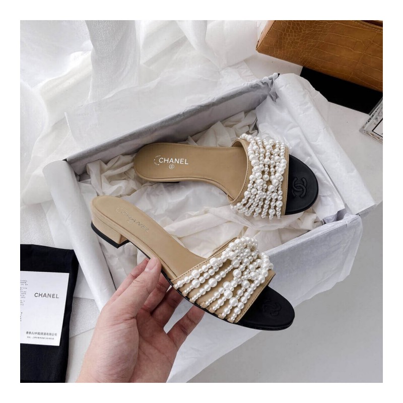 Chanel Satin CC Pearl Sandal Flats 36123