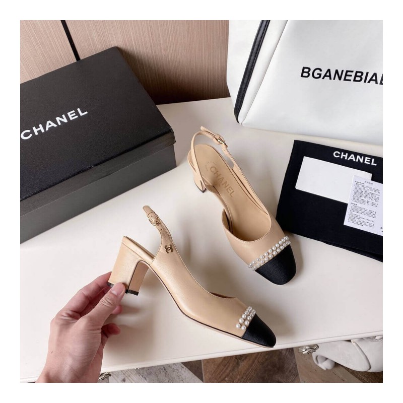 Chanel Pearl Embellished CC Cap Toe Slingbacks 36124