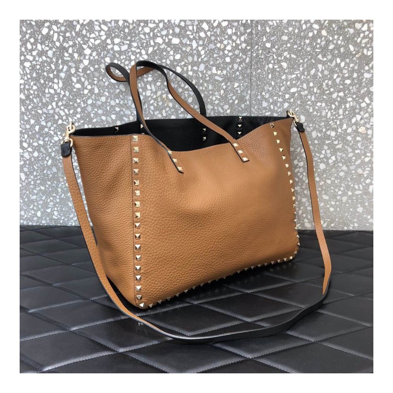 Valentino Garavani Medium Double Rockstud Reversible Tote Bag 0067J Black/Brown