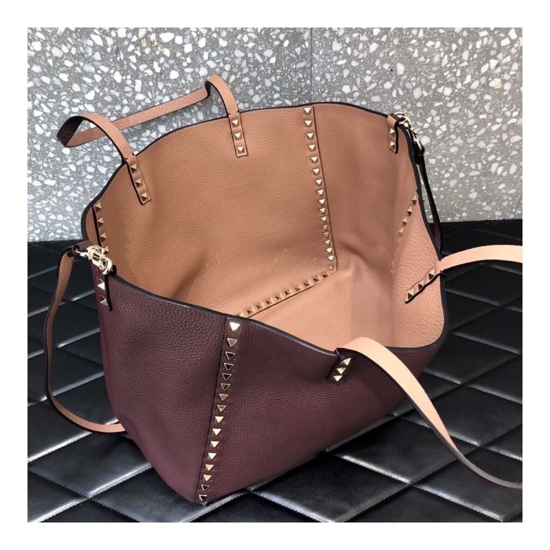 Valentino Garavani Medium Double Rockstud Reversible Tote Bag 0067J Apricot/Burgundy