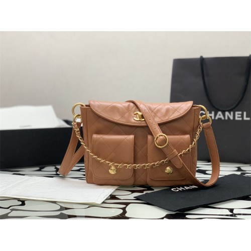 Chanel 24SS Brown Shiny Calfskin Small Hobo Handbag AS4743